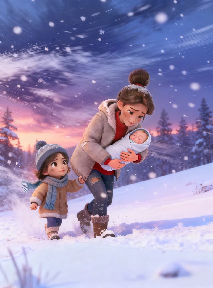 A mother and children walking through a snowy forest